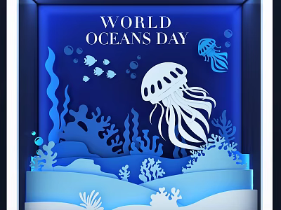 World Oceans Day Themed Window Display With Paper Art Jellyfish Fish Coral And Blue Tones 3d model