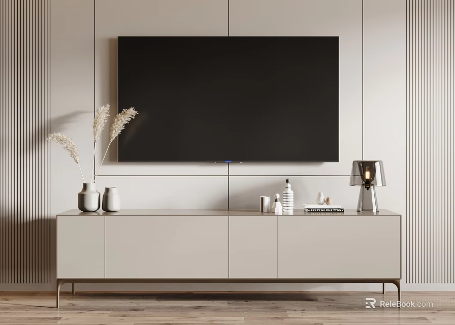 Modern TV Stand With Mounted TV Pampas Grass Vase Table Lamp Mugs And Decorative Books 3d model 