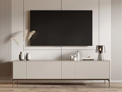 Modern TV Stand With Mounted TV Pampas Grass Vase Table Lamp Mugs And Decorative Books 3d model