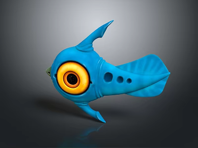 Vibrant Blue Cartoon Style Fantasy Fish with Large Yellow Eye and Unique Fins 3d model