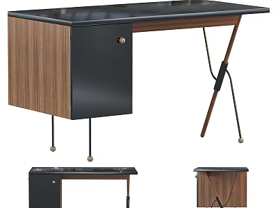 Modern Walnut Wood Desk With Black Top And Stylish Metal Legs 3d model
