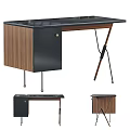 Modern Walnut Wood Desk With Black Top And Stylish Metal Legs