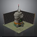 Industrial Cylindrical Structure With Chain Link Fence Checkerboard Floor Tiles Red Antenna And Black Panel