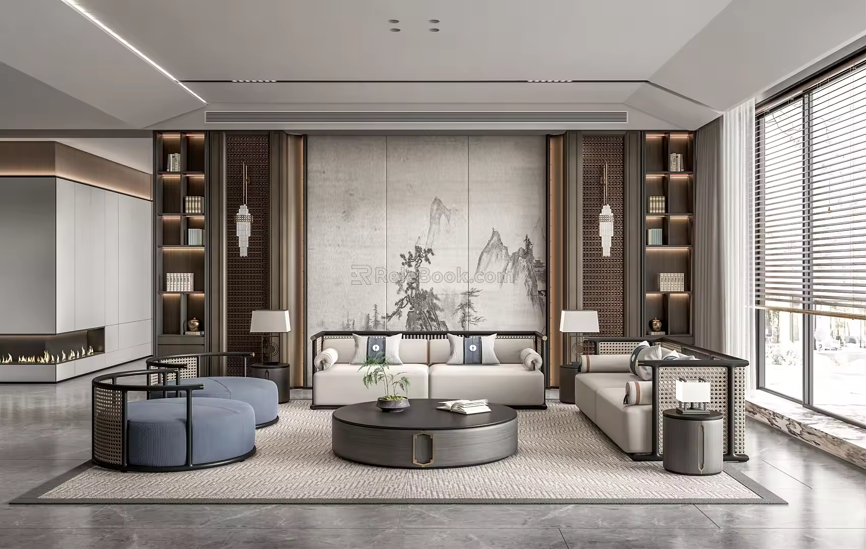 New Chinese Living Room Rattan Sofa Coffee Table Combination Background Wall Lamp Double Sofa Bookcase 3d model