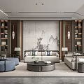 New Chinese Living Room Rattan Sofa Coffee Table Combination Background Wall Lamp Double Sofa Bookcase 3d model