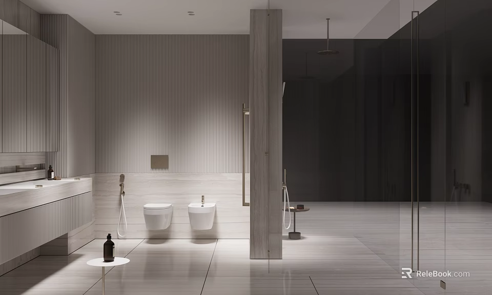 Modern Bathroom Interior Design With Double Toilets Glass Shower And Marble Countertop 3d model 