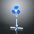 Modern Standing Electric Fan With Blue Blades And White Base For Home Cooling Use