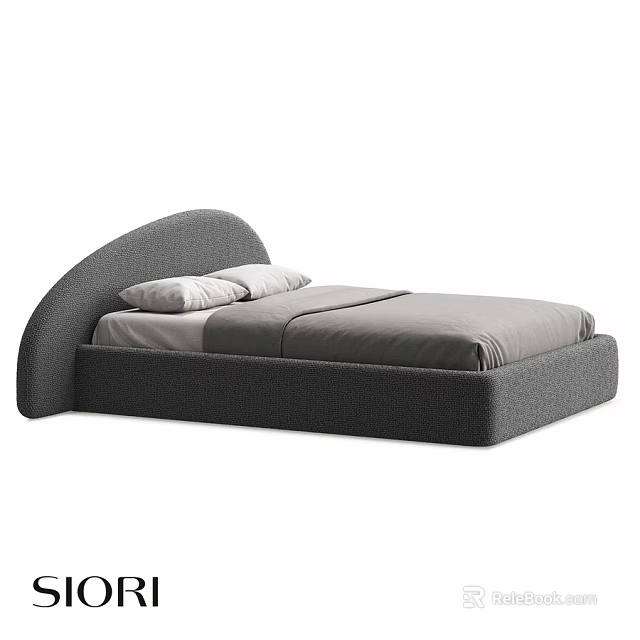Modern Gray Upholstered Double Bed With Curved Headboard And Pillows 3d model 
