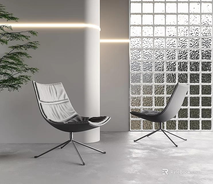 Two Modern Black Leather Accent Chairs With Metal Legs In Interior With Glass Block Wall 3d model 