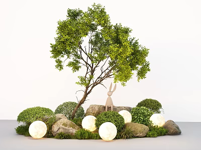 Garden Plant Combination with Tree Bushes Rocks Lighted Spheres and Rabbit Decoration 3d model