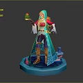 Game Movie Character With Blonde Hair Blue Cloak Holding Pink Object On Blue Hexagonal Base