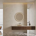 Modern Minimalist Bathroom Interior With Circular Illuminated Mirror Wooden Vanity And Marble Flooring