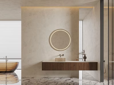 Modern Minimalist Bathroom Interior With Circular Illuminated Mirror Wooden Vanity And Marble Flooring 3d model