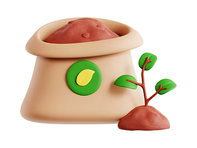 Shrub Seedling Growing In Red Soil Next To Beige Bag With Green Leaf Sticker 3d model