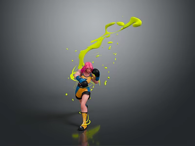 Pink Haired Female Character In Yellow Black Outfit With Boxing Gloves And Yellow Splashing Liquid 3d model