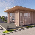 Japanese Style Wooden Pavilion With Slatted Design And Stone Floor Landscape