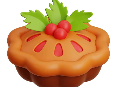 Festive Orange Pie With Green Leaves Red Berries And Decorative Crust 3d model