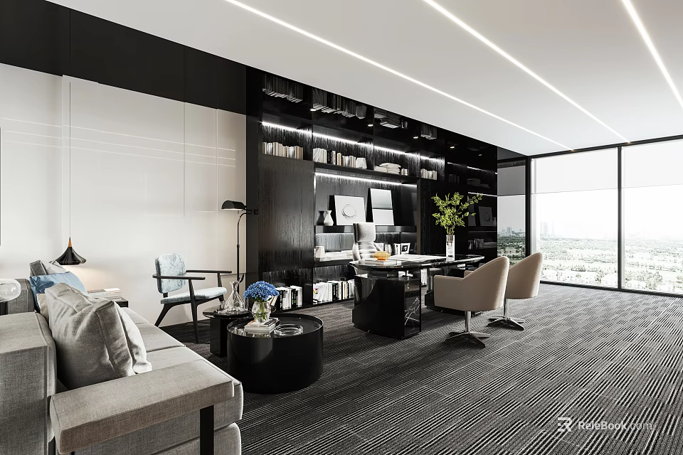Modern Spacious Office Interior With Large Windows City View Black Bookshelf Sofa And Desk 3d model 
