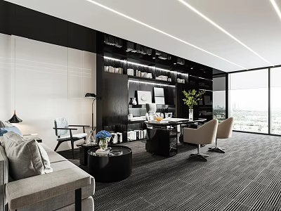 Modern Spacious Office Interior With Large Windows City View Black Bookshelf Sofa And Desk 3d model
