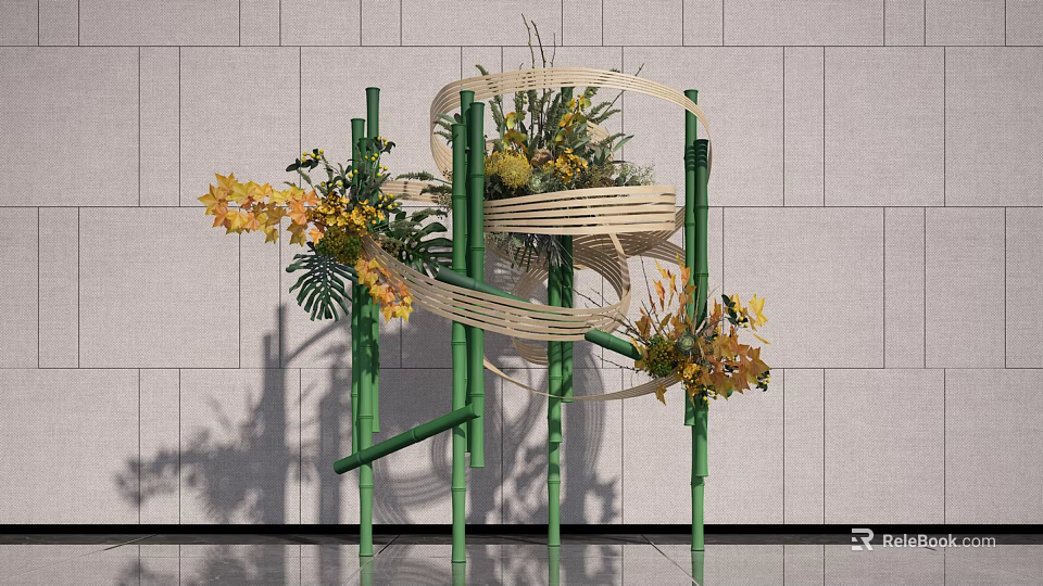 Modern Bamboo Decorative Structure With Yellow Flowers Green Plants Against Gray Wall 3d model 