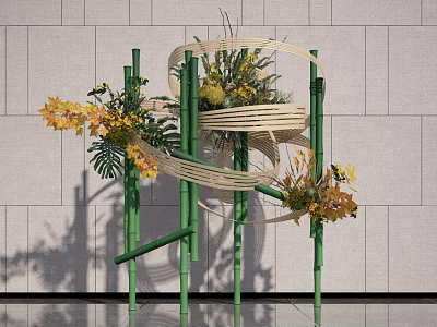 Modern Bamboo Decorative Structure With Yellow Flowers Green Plants Against Gray Wall 3d model