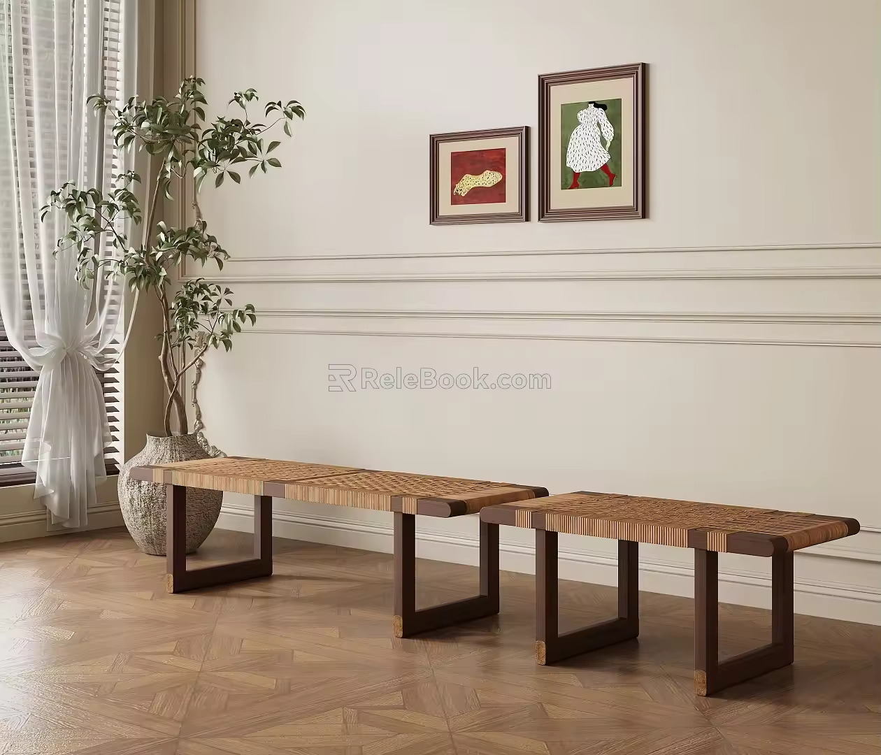 Modern retro rattan stool 3d model