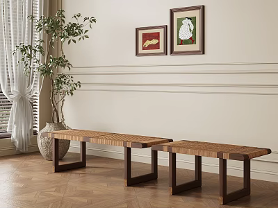 Wooden Benches In Elegant Interior With Decorative Wall Framed Artworks And Potted Plant 3d model