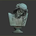Green Bust Sculpture with Crown of Thorns Long Hair Bowed Head on Circular Pedestal