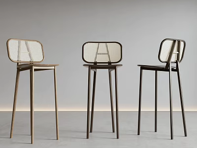 Three Modern Bar Stools With Mesh Backrest And Metal Legs In Brown Black 3d model