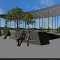 Modern Tree Planter With Seating Bench People Sitting In Open Outdoor Architectural Space With Clear Sky