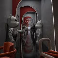 Modern Bar Interior Featuring Red Chairs Round Moon Decoration Arched Passageway And Ocean Wave Screen