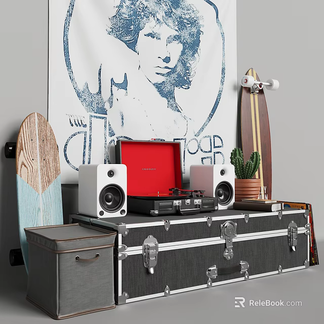 Vintage Decorative Ornament Combination With Skateboards Poster Record Player Speakers Cactus And Suitcase 3d model 