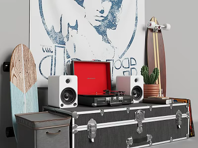 Vintage Decorative Ornament Combination With Skateboards Poster Record Player Speakers Cactus And Suitcase 3d model