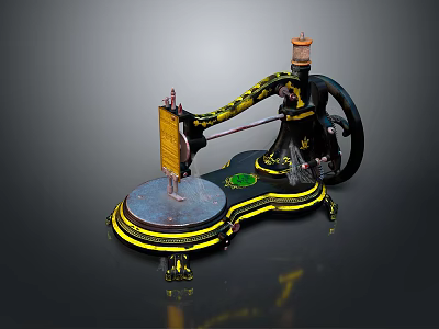 Vintage Black And Yellow Mechanical Device With Round Base Black Wheel And Decorative Stripes 3d model