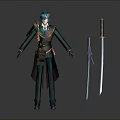 3D Character Model With Teal Hair Ornamental Outfit And Two Swords Sheathed Unsheathed
