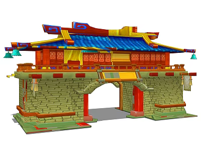 Traditional Chinese Entrance Gate with Blue Roof Red Columns Ornate Eaves and Stone Walls 3d model