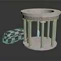Circular Stone Structure Featuring Columns Checkered Vehicle Blue Surfboard And Brown Object 3d model