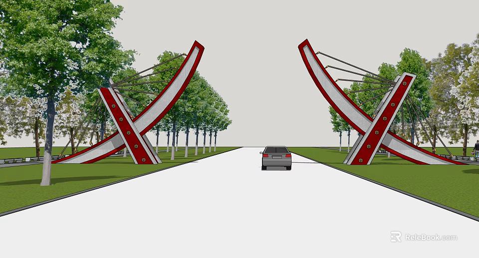Modern Red Entrance Gate with Curved Crossed Design along Tree Lined Road 3d model 