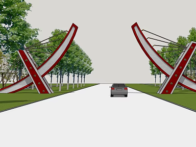 Modern Red Entrance Gate with Curved Crossed Design along Tree Lined Road 3d model