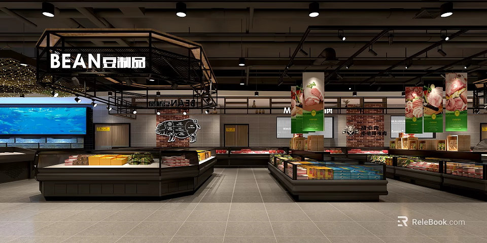 Clean Supermarket Department Store With Fresh Produce Meat Sections And Organized Product Shelves 3d model 