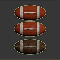 Three Brown And Red Footballs With White Stripes On Dark Background