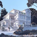 Spacious Detached Villa Exterior With Lush Greenery Garden And Wooden Balcony