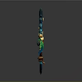 Blue Decorative Weapon With Golden Accents Green Feather And Braided Rope Design