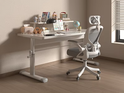 Modern Adjustable White Desk With Ergonomic Chair Lamp Globe Books And Laptop 3d model