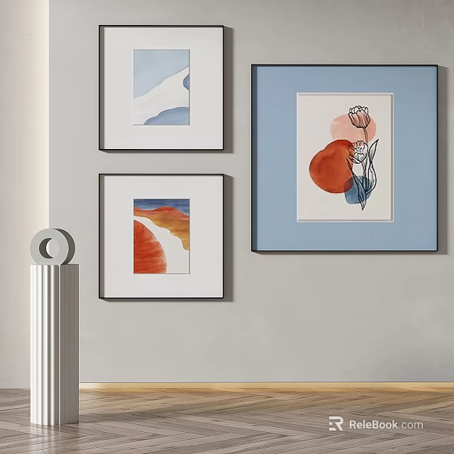 Modern Wall Art Decor With Three Paintings On Gray Wall And Decorative Column 3d model