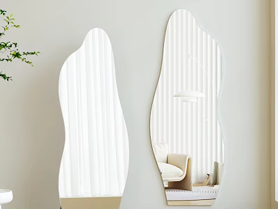 Irregular Shaped Decorative Mirrors With Vertical Lines On Light Wall Reflecting Chair And Lamp 3d model