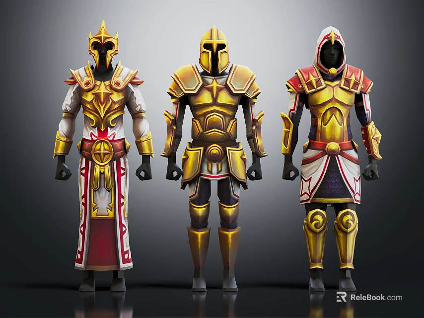 Three Fantasy Characters In Different Ornate Golden Armor With Red White Details 3d model 