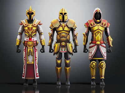 Three Fantasy Characters In Different Ornate Golden Armor With Red White Details 3d model