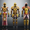 Three Fantasy Characters In Different Ornate Golden Armor With Red White Details