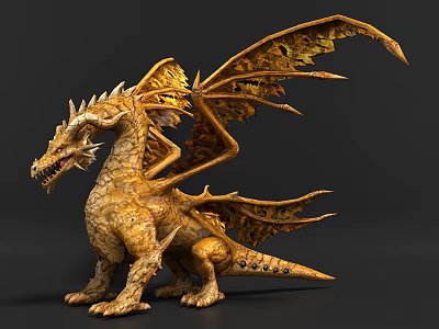 Golden Dragon Game Character With Detailed Wings And Scaled Mythical Body 3d model